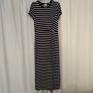 LOFT Navy Blue and White Striped Maxi Short Sleeve Dress with front twist, M